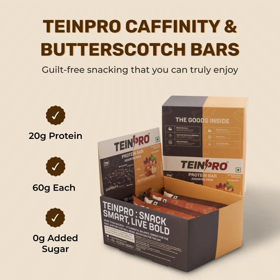 TeinPro Assorted Protein Bars – Caffinity & Butterscotch | 60g Each | 20g Protein | Pack of 6