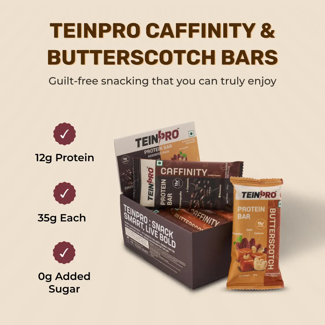 TeinPro Assorted Protein Bars – Caffinity & Butterscotch | 40g Each | 12g Protein | Pack of 6