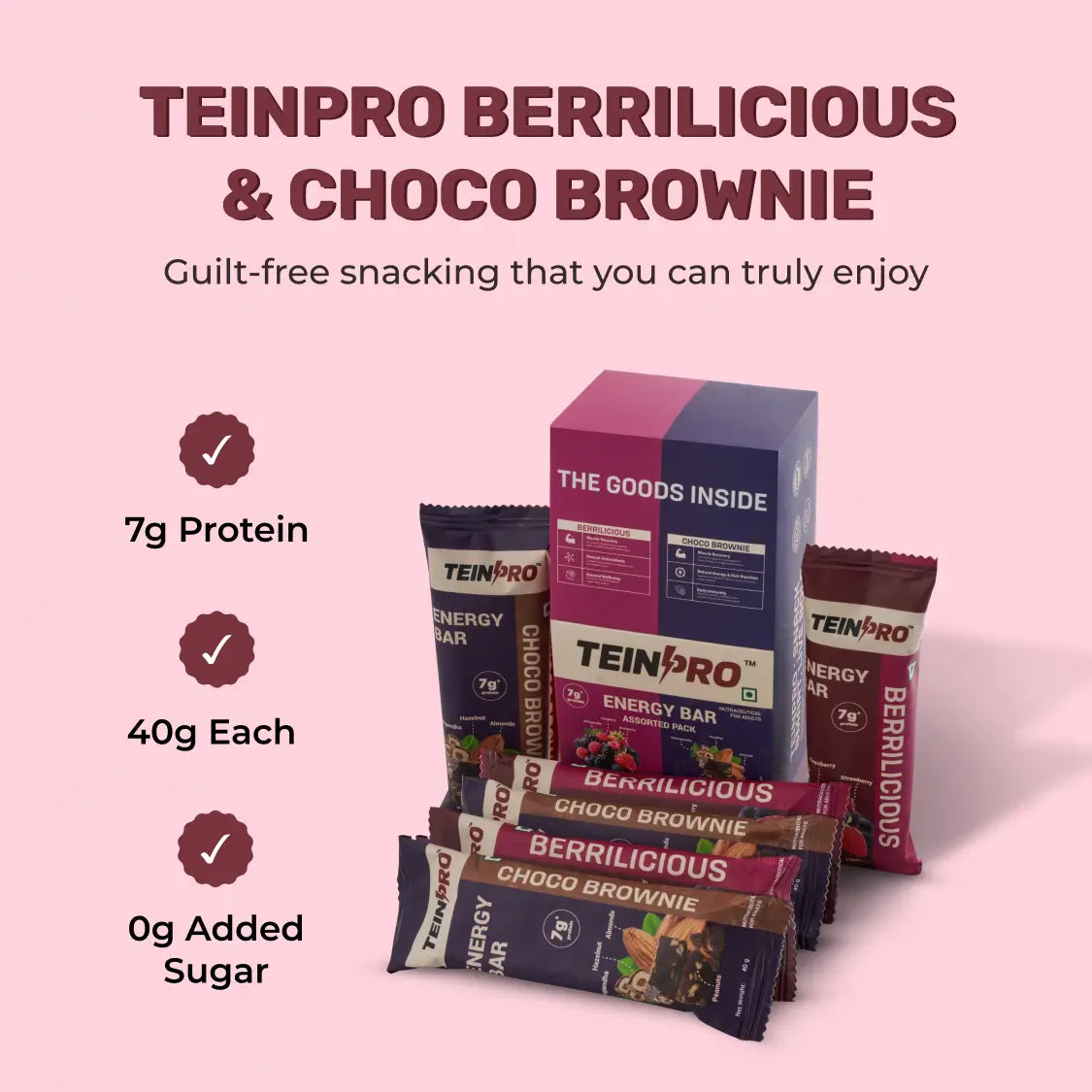 TeinPro Assorted Energy Bars – Berrilicious & Choco Brownie | 40g Each | 7g Protein | Pack of 6