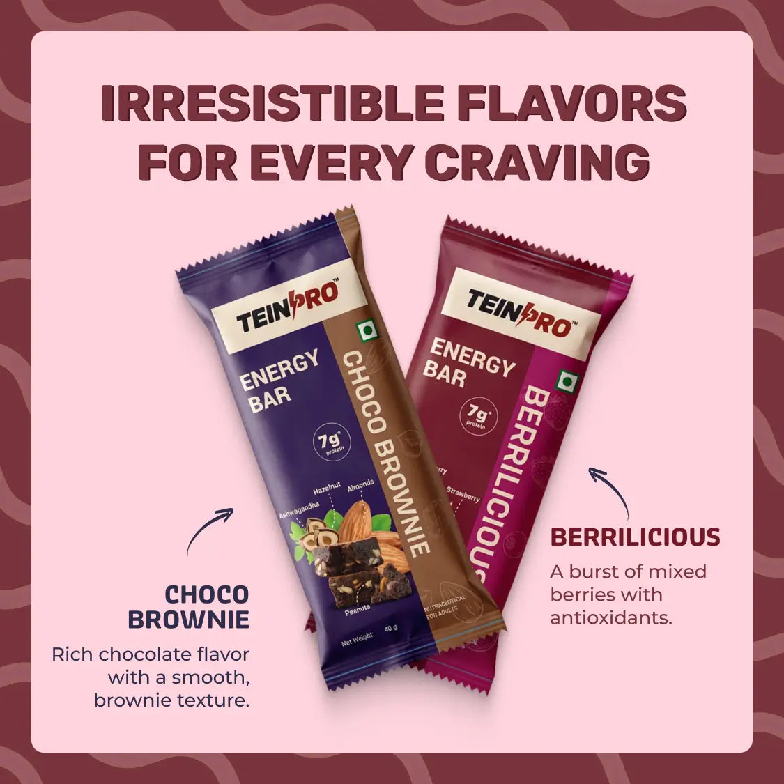 TeinPro Assorted Energy Bars – Berrilicious & Choco Brownie | 40g Each | 7g Protein | Pack of 6