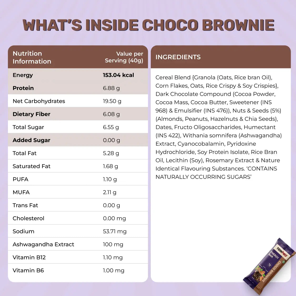 TeinPro Assorted Energy Bars – Berrilicious & Choco Brownie | 40g Each | 7g Protein | Pack of 6