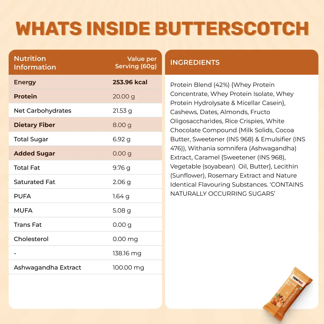 TeinPro Assorted Protein Bars – Caffinity & Butterscotch | 40g Each | 12g Protein | Pack of 6