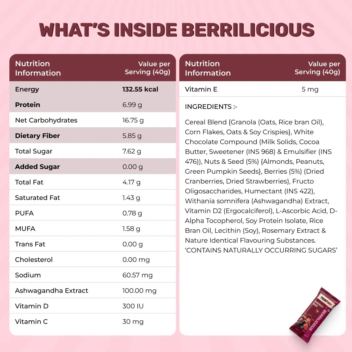 TeinPro Assorted Energy Bars – Berrilicious & Choco Brownie | 40g Each | 7g Protein | Pack of 6
