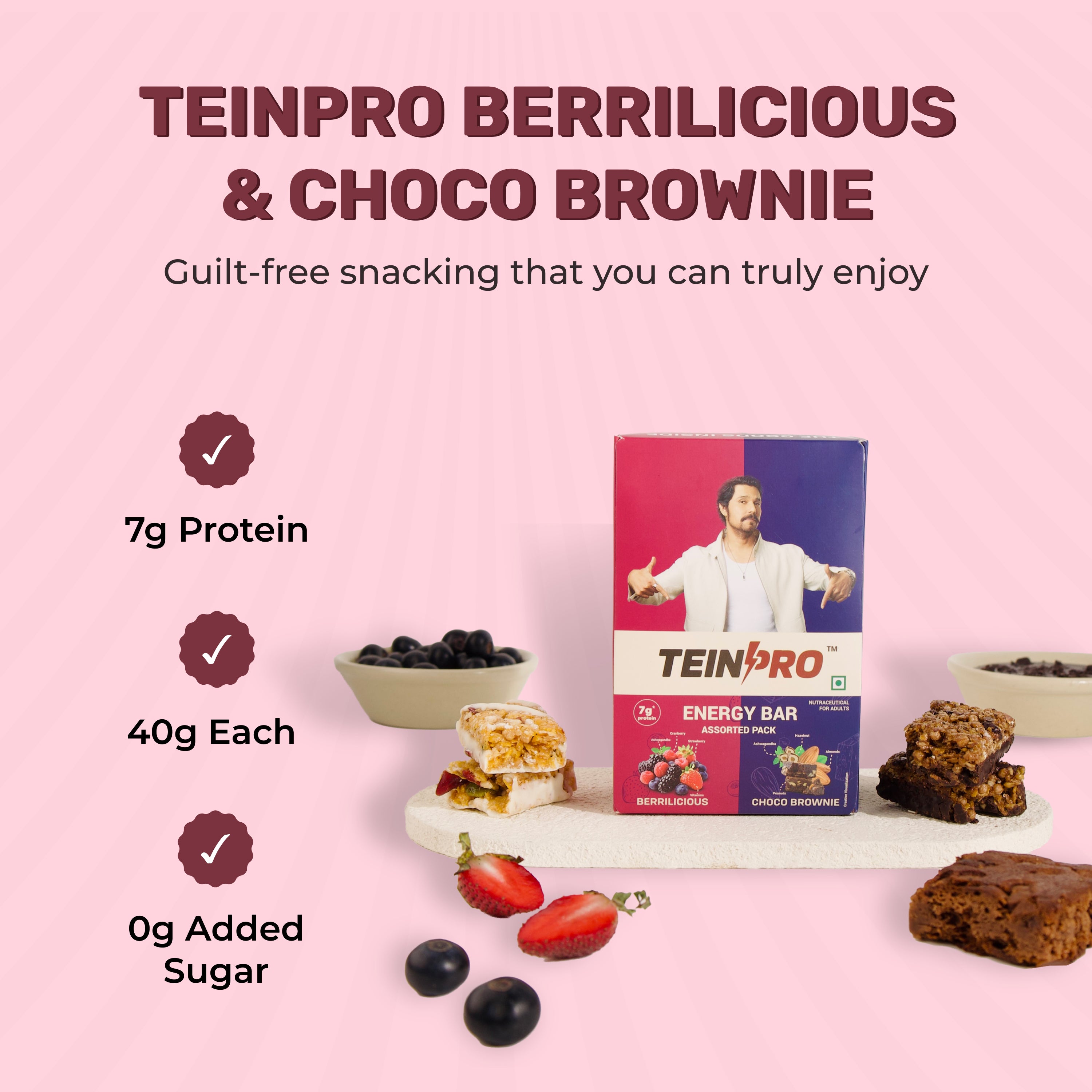 TeinPro Assorted Energy Bars – Berrilicious & Choco Brownie | 40g Each | 7g Protein | Pack of 6