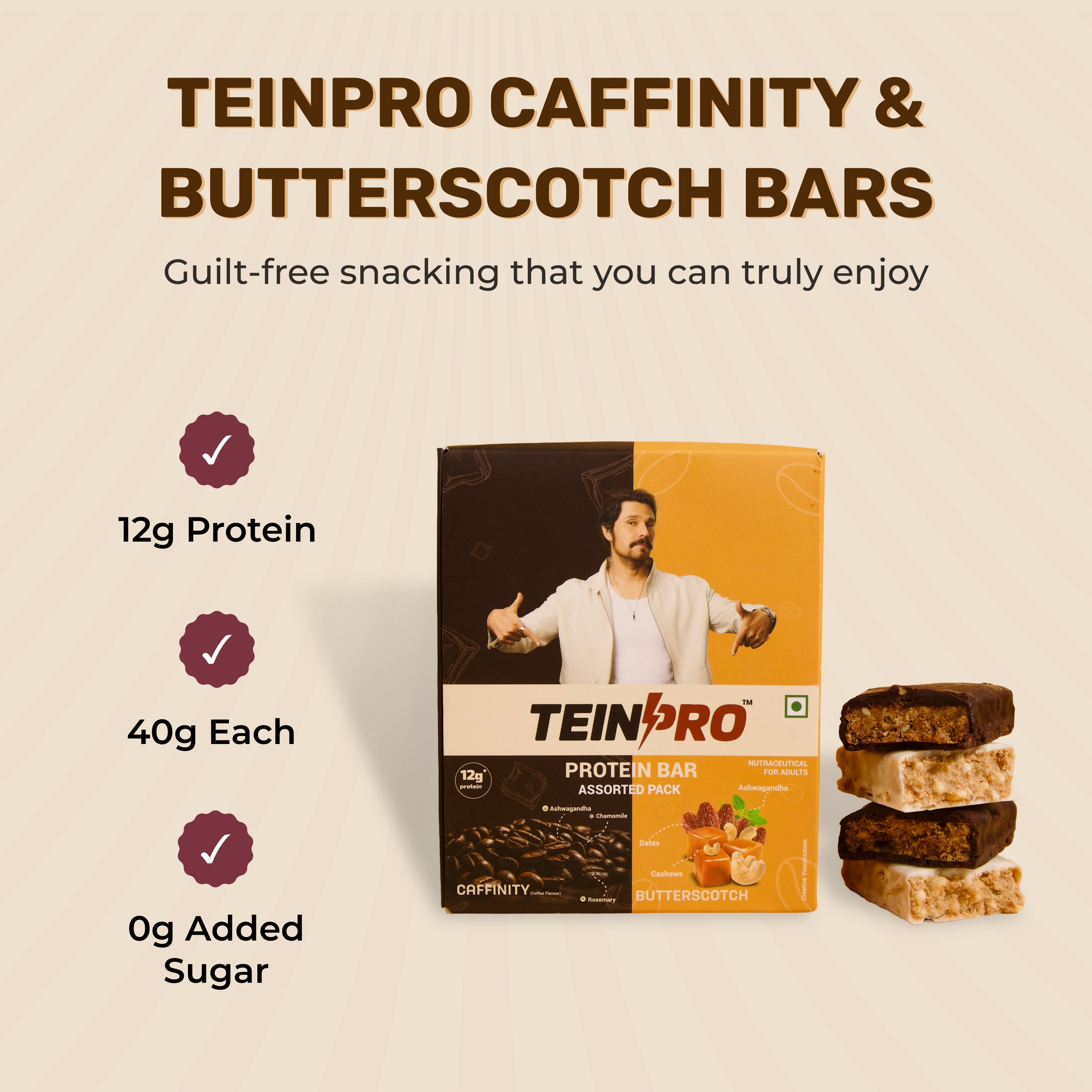 TeinPro Assorted Protein Bars – Caffinity & Butterscotch | 40g Each | 12g Protein | Pack of 6