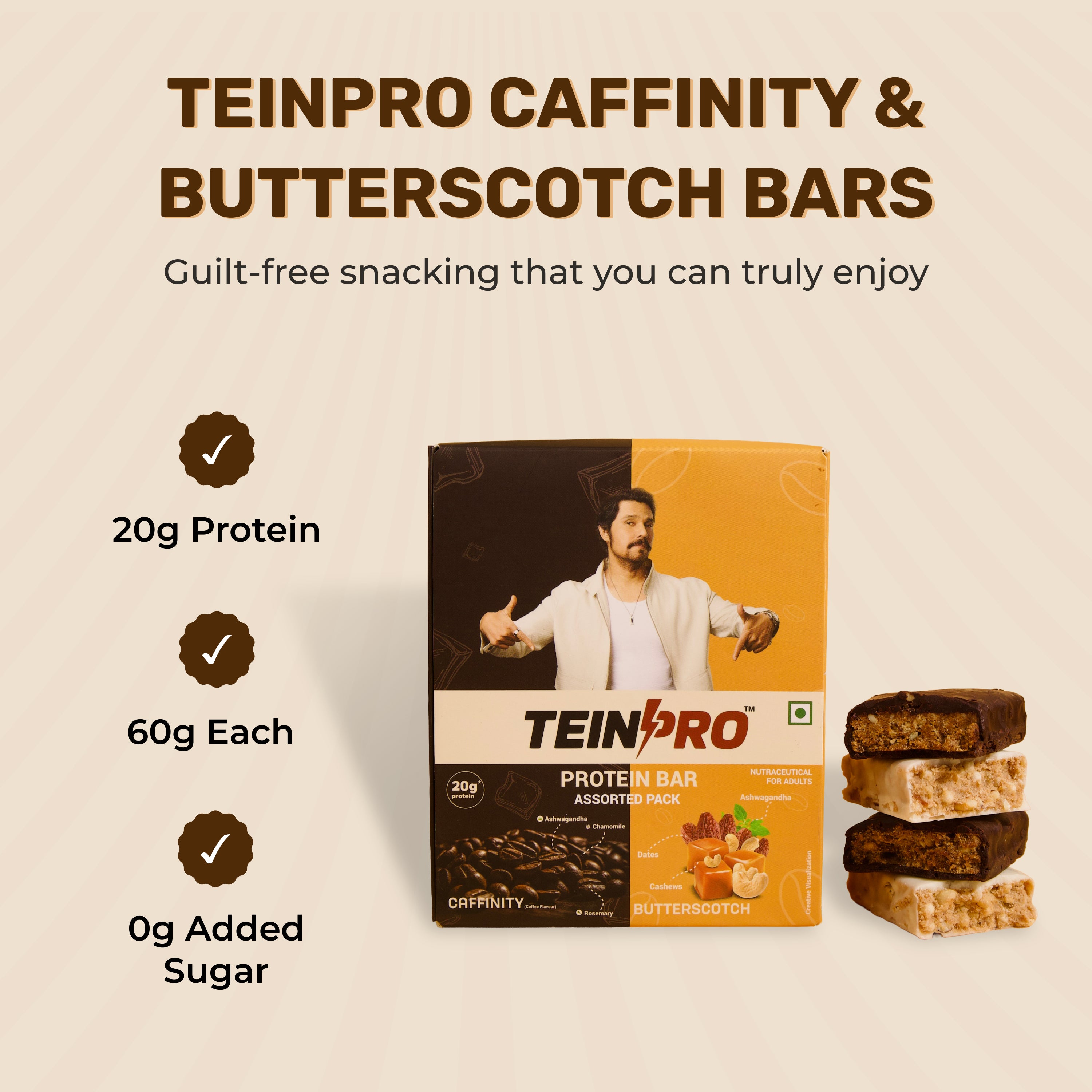 TeinPro Assorted Protein Bars – Caffinity & Butterscotch | 60g Each | 20g Protein | Pack of 6
