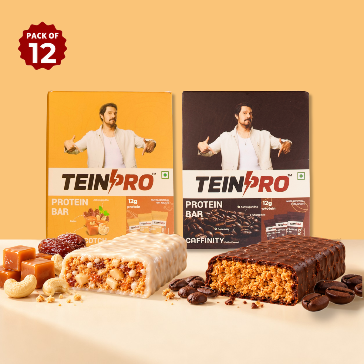 Assorted Protein Bars –  Pack of 12 ( Caffinity & Butterscotch) | 12g Protein Each