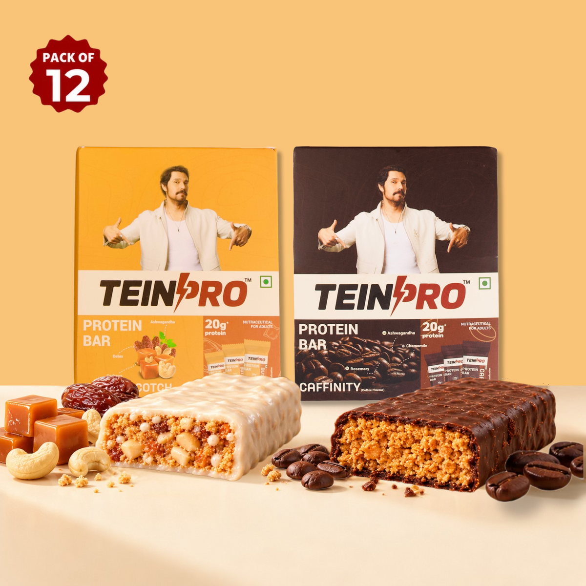 Assorted Protein Bars – Pack of 12 | Caffinity & Butterscotch | 20g Protein Each