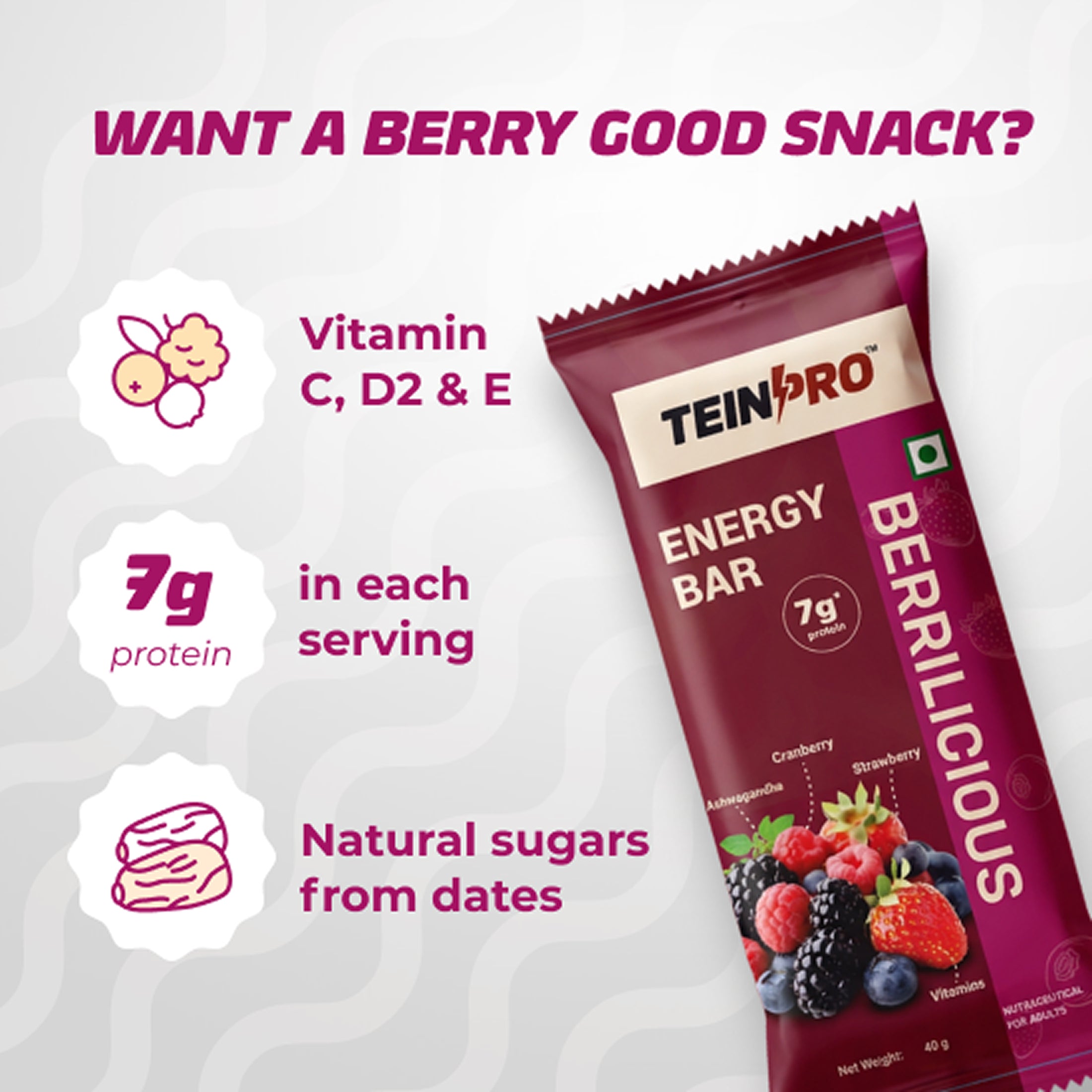 TeinPro Energy Bar – Berrilicious (Berry Flavor) | Pack of 4
